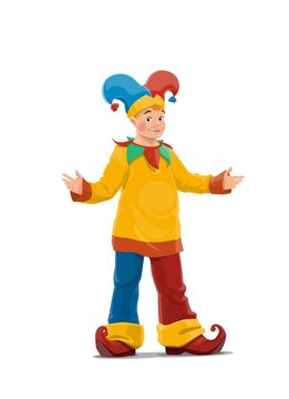 Chapiteau or Big Top Circus clown character. Clown with face makeup, wearing colorful costume with long pants, cap and bells hat, curled toes shoes. Jester standing with arms apart cartoon vector