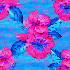 Watercolor tropical retro pattern with purple and pink hibiscus,Summer floral print