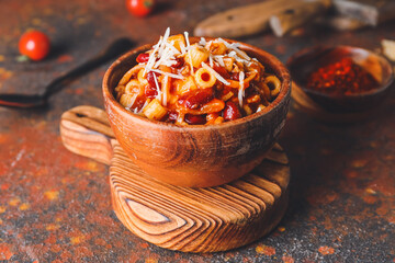 Bowl with tasty pasta and beans on color background
