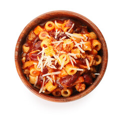 Bowl with tasty pasta and beans on white background