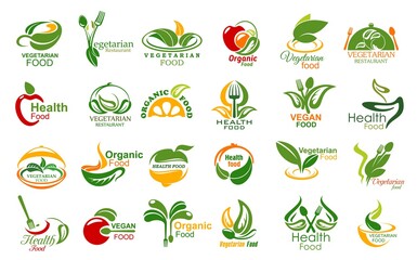 Vegetarian food and meals vector icons set. Vegetarian restaurant or cafe symbols with vegetables, fruits and herbs, leaves and kitchen utensil, fork, spoon and cloche. Healthy organic food icons