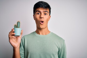 Young handsome man holding small cactus plant pot over isolated white background scared in shock...
