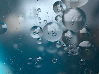 Closeup blue bubbles of oil with soft focus and blurred background , macro image ,water droplets ,sweet color, abstract background with light  blue bubbles
