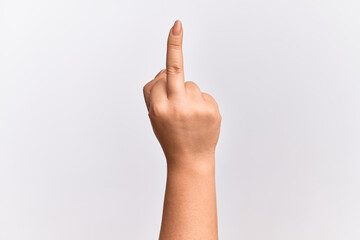 Hand of caucasian young woman showing provocative and rude gesture doing fuck you symbol with...