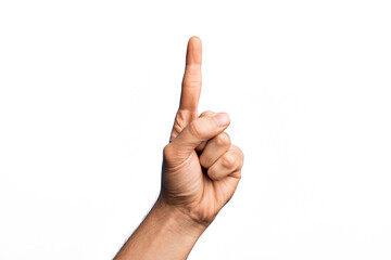 Hand of caucasian young man showing fingers over isolated white background counting number one using index finger, showing idea and understanding