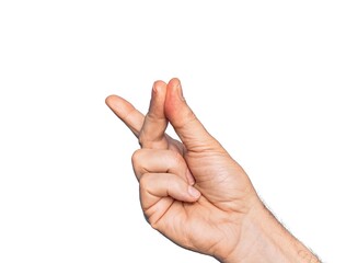 Hand of caucasian middle age man over isolated white background snapping fingers for success, easy...