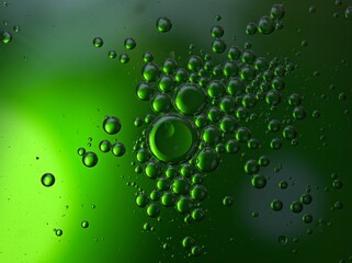 Closeup bubbles oil in water with green blurred abstract background, macro image ,droplets for card design, sweet color	