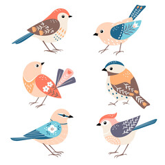 Set of cute colorful folk birds isolated on white background. - 360968943