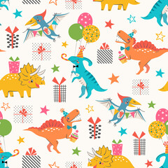 Birthday seamless pattern of cute colorful dinosaurs with gift boxes and stars on white background.