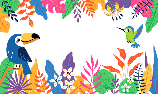 Bright colorful tropical background with cute toucan, hummingbird and place for your text. Vector image is cropped with clipping mask.