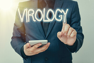 Writing note showing Virology. Business concept for branch of science dealing with the variety of...