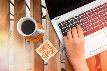 Writing note showing Remote Support. Business concept for type of secure service, which permits...