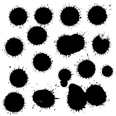 Black ink paint spots. Drops isolated on white background. Set for grunge splash textures. Vector illustration.