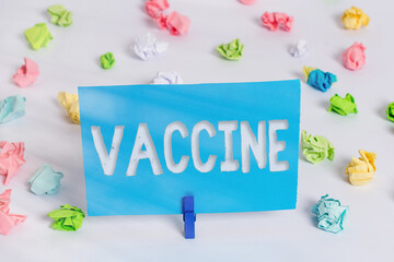 Writing note showing Vaccine. Business concept for preparation of killed microorganisms or living...