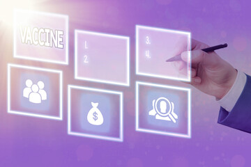 Handwriting text writing Vaccine. Conceptual photo preparation of killed microorganisms or living...