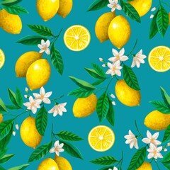 Seamless pattern with watercolor vintage lemon branches with flowers and fruits on blue background.