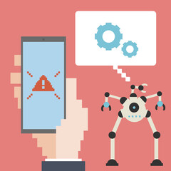 Retro android robots helping for smartphone alert. To see the other vector robot illustrations , please check Robot collection.