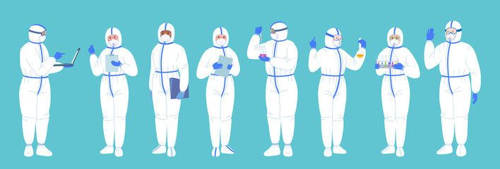 Scientist group in lab, protective suits, mask. Chemical laboratory research flat cartoon set. Discovery concept vaccine coronavirus. Scientists flasks, microscope, computer, working antiviral remedy - obrazy, fototapety, plakaty