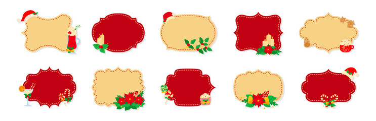 Christmas label or tag flat set. Cartoon holiday collection red and beige christmas patch labels. Christmas tags decorated holly mistletoe, candy and cookies. New Year collection. Vector illustration