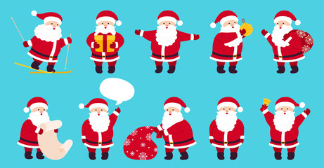 Santa Claus cute Christmas flat cartoon set. Collection funny character with gift, bag, skiing, present, speech bubble. Different emotions santa, New Year objects. Vector illustration blue background
