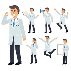 Vector Set of male Doctor character. medical Illustration.