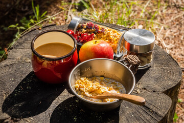 朝食シリアル　 cereal with milk outdoors (granola)
