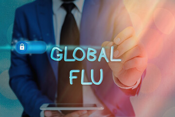 Writing note showing Global Flu. Business concept for Common communicable illness spreading over...
