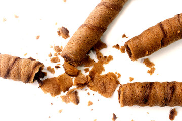 chocolate wafer rolls cookie sticks isolated on white background