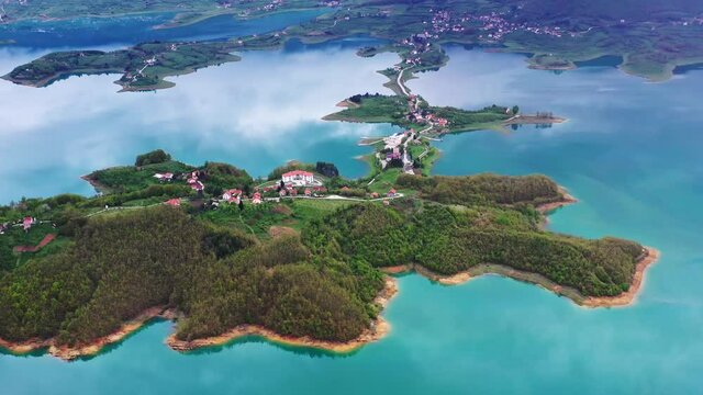 Aerial Drone Shot of Scit. Island In Lake Ramsko, Bosnia and Herzegovina.