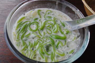 Lod chong or Cendol Desserts, a dessert shaped like a noodle.  Made from flour added in green for a...