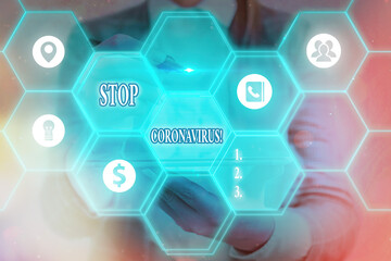 Word writing text Stop Coronavirus. Business photo showcasing Disease awareness campaign fighting...