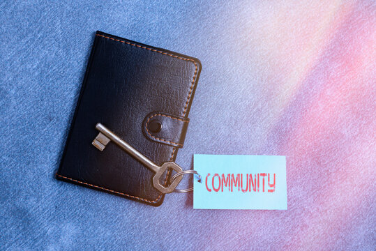 Handwriting text writing Community. Conceptual photo group of showing with a common characteristics living together Paper accesories with digital smartphone arranged on different background