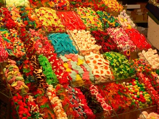 Colorful shot of various gummy candies sold in Mercat de la Boqueria in Barcelona
