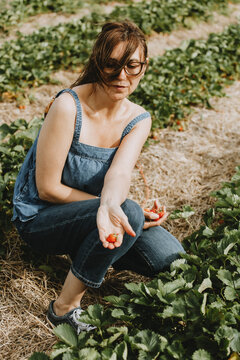 Woman in denim outfit showing at the camera a fresh strawberry she picked. 
