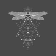 Vector illustration with hand drawn dragonfly and Sacred geometric symbol on black vintage background. Abstract mystic sign. White linear shape. 