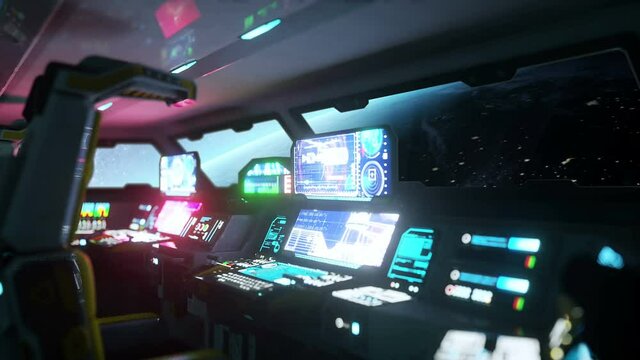 space ship futuristic interior. Earth view from cabine. Galactic travel concept.