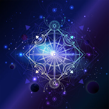 Vector illustration of Sacred geometric symbol against the space background with planets and stars. Mystic sign drawn in lines. Image in purple color.