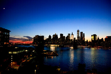 New York, NY, U.S.A. - Night view of Brooklyn Bridge and Manhattan