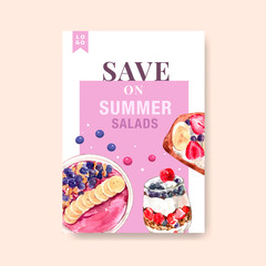 Poster template with healthy and organic food design for banner,brochure,leaflet and advertisement watercolor vector illustration