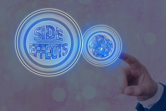 Text sign showing Side Effects. Business photo showcasing Typically undesirable effect of a drug or medical treatment Futuristic icons solar system. Elements of this image furnished by NASA