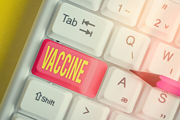 Writing note showing Vaccine. Business concept for preparation of killed microorganisms or living...
