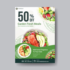 Poster template with healthy and organic food design for banner,brochure,leaflet and advertisement watercolor vector illustration