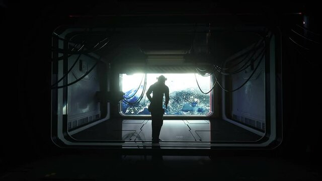 astronaut jumps into space. view of the earth. zero gravity. slow motion