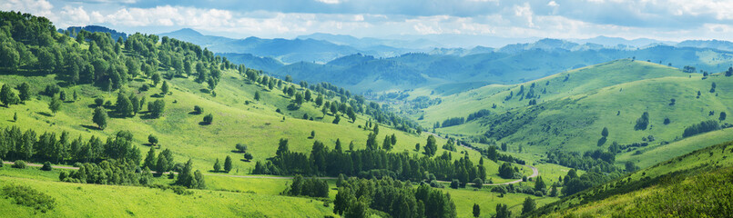 Naklejka na ściany i meble Picturesque valley, panoramic mountain view. Summer greens, forests and meadows.