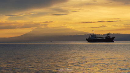 oil tanker at sunset