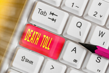 Writing note showing Death Toll. Business concept for the number of deaths resulting from a...