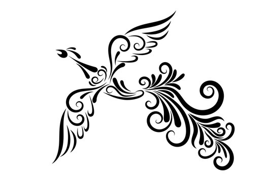 Vector illustration of a firebird from an ornament. Black outline. The character of Russian fairy tales. Mythical creature. Image for your design, decor, tattoos, printing.