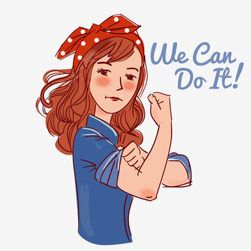 Cute girl dressed as the iconic Rosie the Riveter. We Can Do It. Iconic woman's fist/symbol of female power and industry