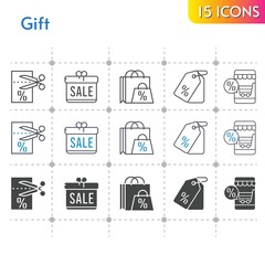 gift icon set. included gift, shopping bag, online shop, voucher, price tag icons on white background. linear, bicolor, filled styles.