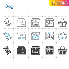 bag icon set. included package, shop, shopping-basket, shopping basket, trolley icons on white background. linear, bicolor, filled styles.